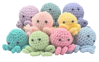 a display of nine colorful baby crochet octopus