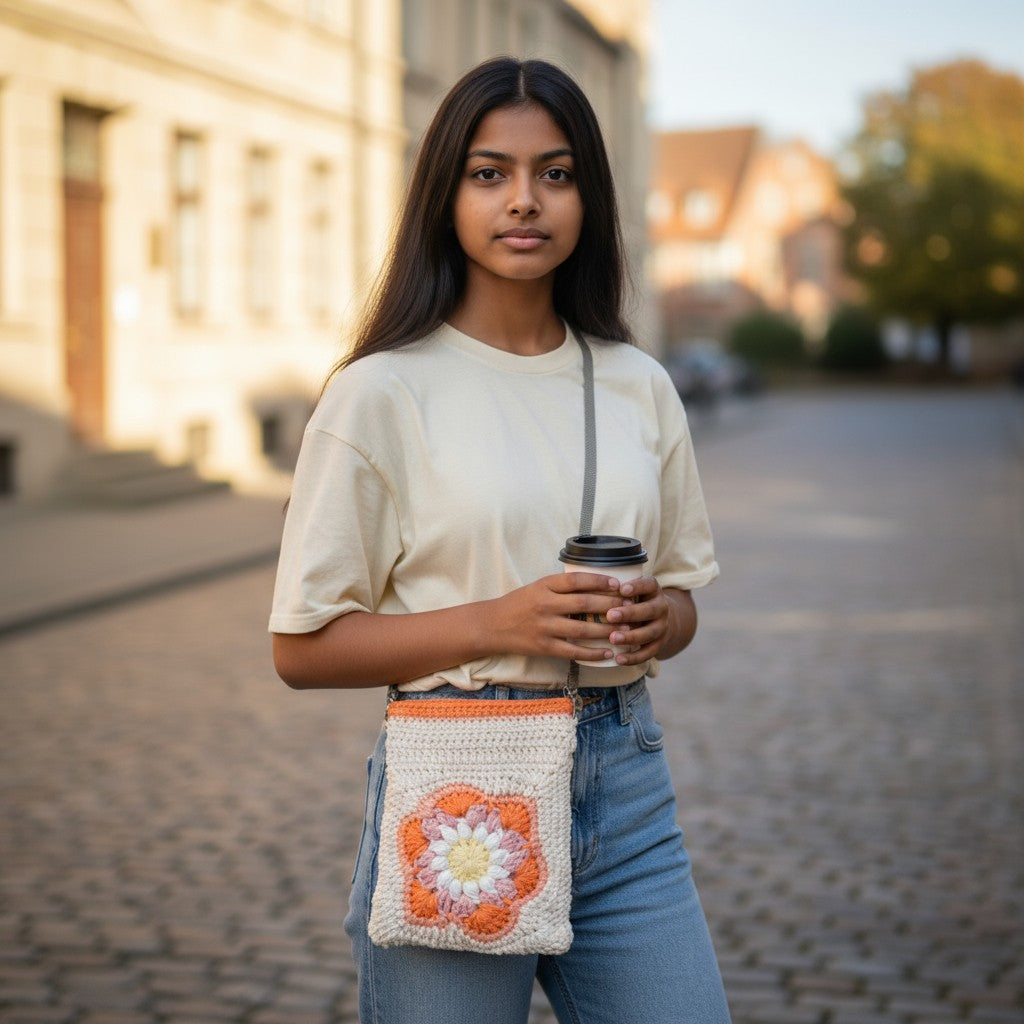 Woman wearing a boho crochet bag and holding a coffee cup on a street