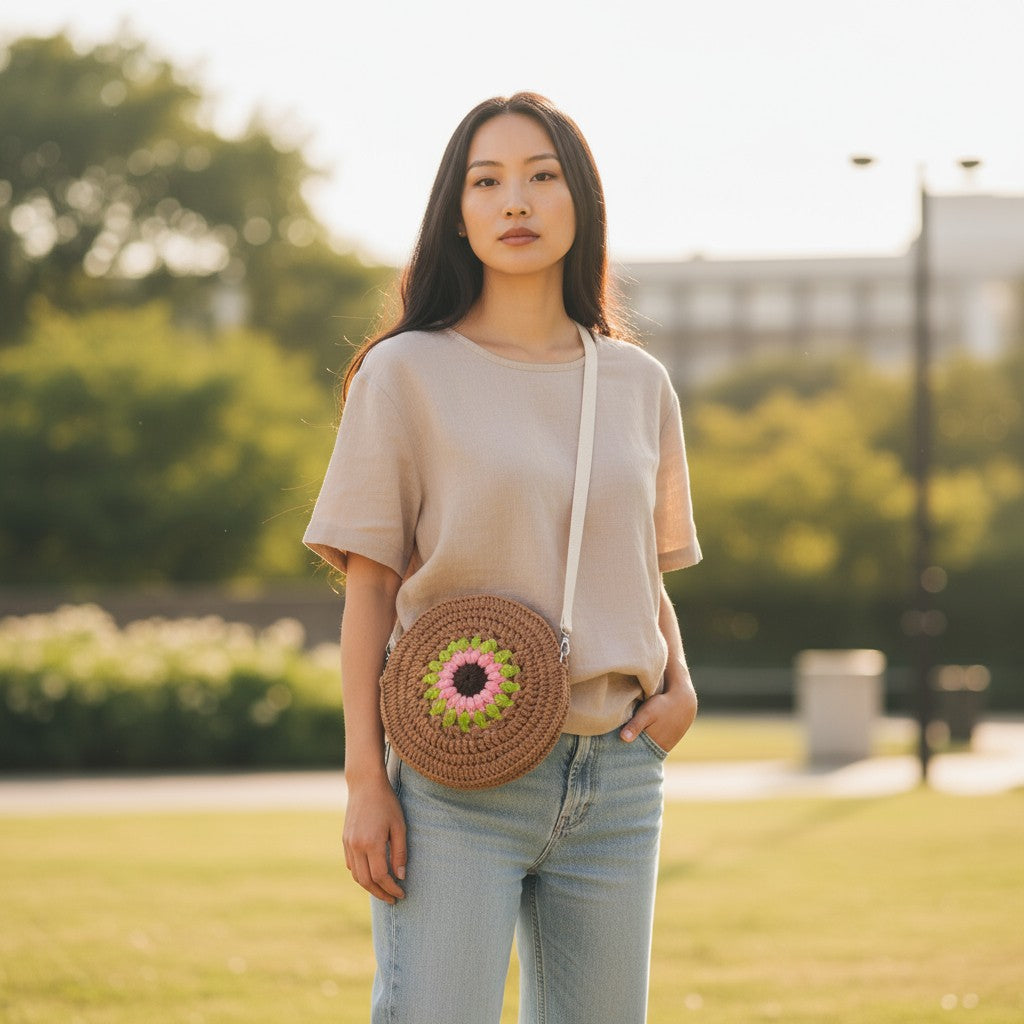 Woman holding a round boho crochet  bag with a floral design outdoors.