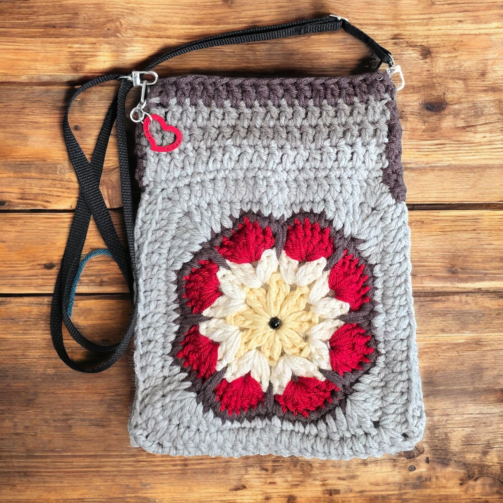 Boho Crochet Rectangle Handbag Red-Grey Handmade Market