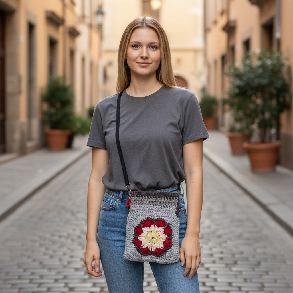 Boho Crochet Rectangle Handbag Red-Grey Handmade Market