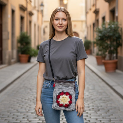 Boho Crochet Rectangle Handbag Red-Grey Handmade Market