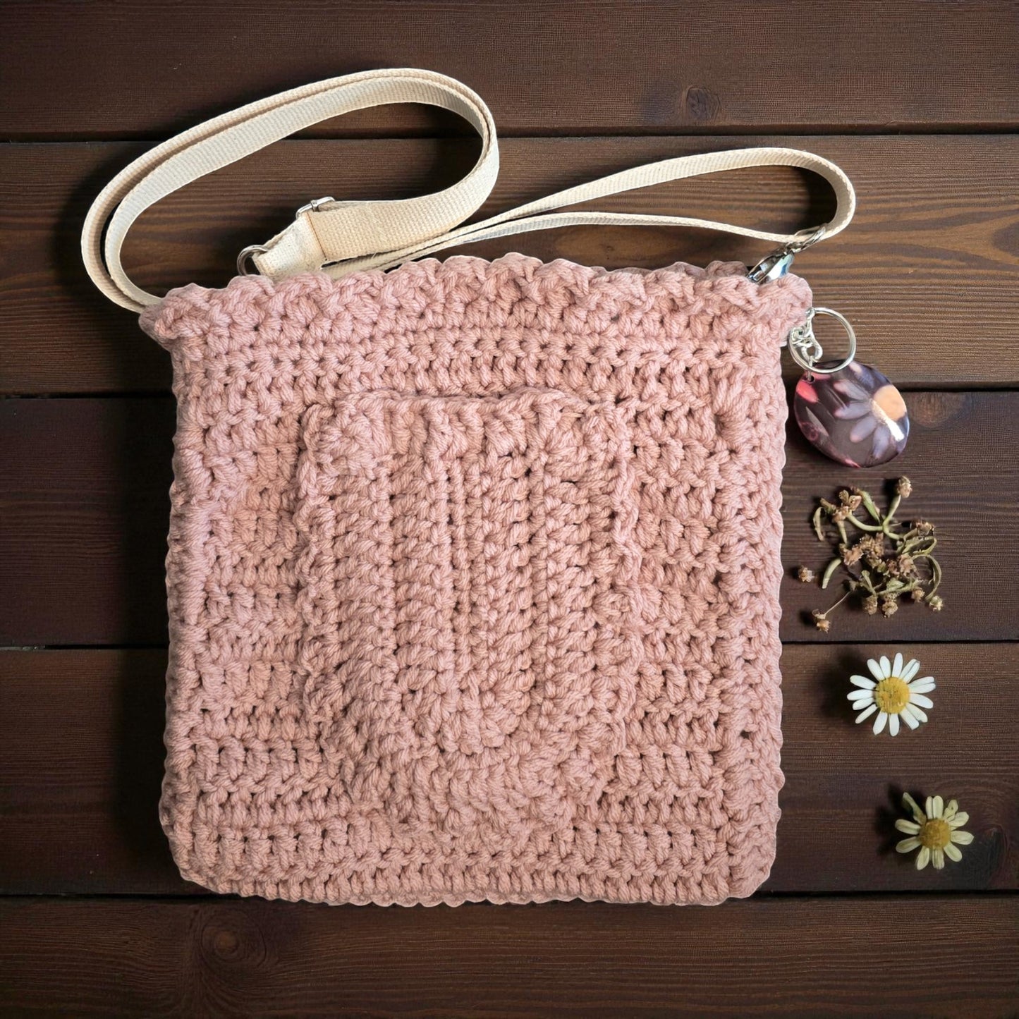 Boho Crochet Square Handbag Pink Handmade Market