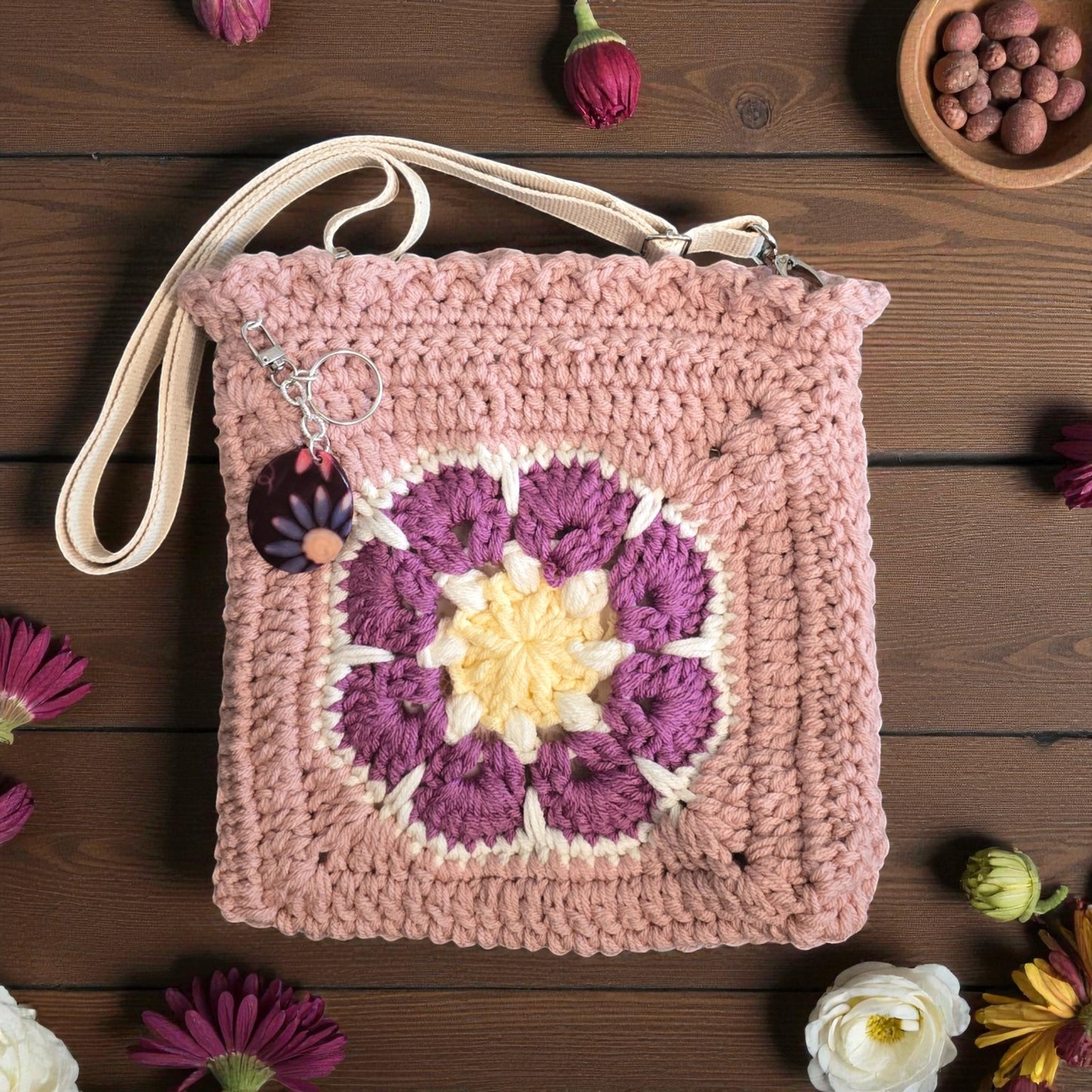 Boho Crochet Square Handbag Pink Handmade Market