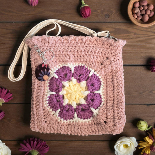 Boho Crochet Square Handbag Pink Handmade Market