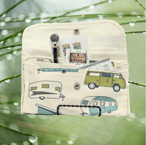 Soft wallet featuring, multiple inside pockets, and a snap closure for secure storage.
