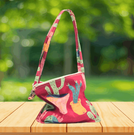 Handmade crossbody purse with cactus print, featuring two zippered pockets and one inner slip pocket.