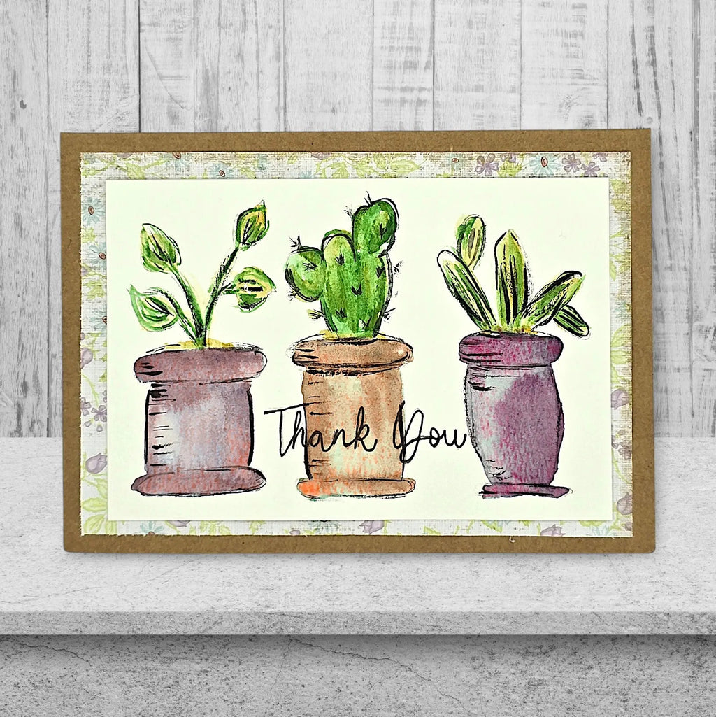 THANK YOU CARD WITH 3 POTS OF CACTUS SAYING THANK YOU