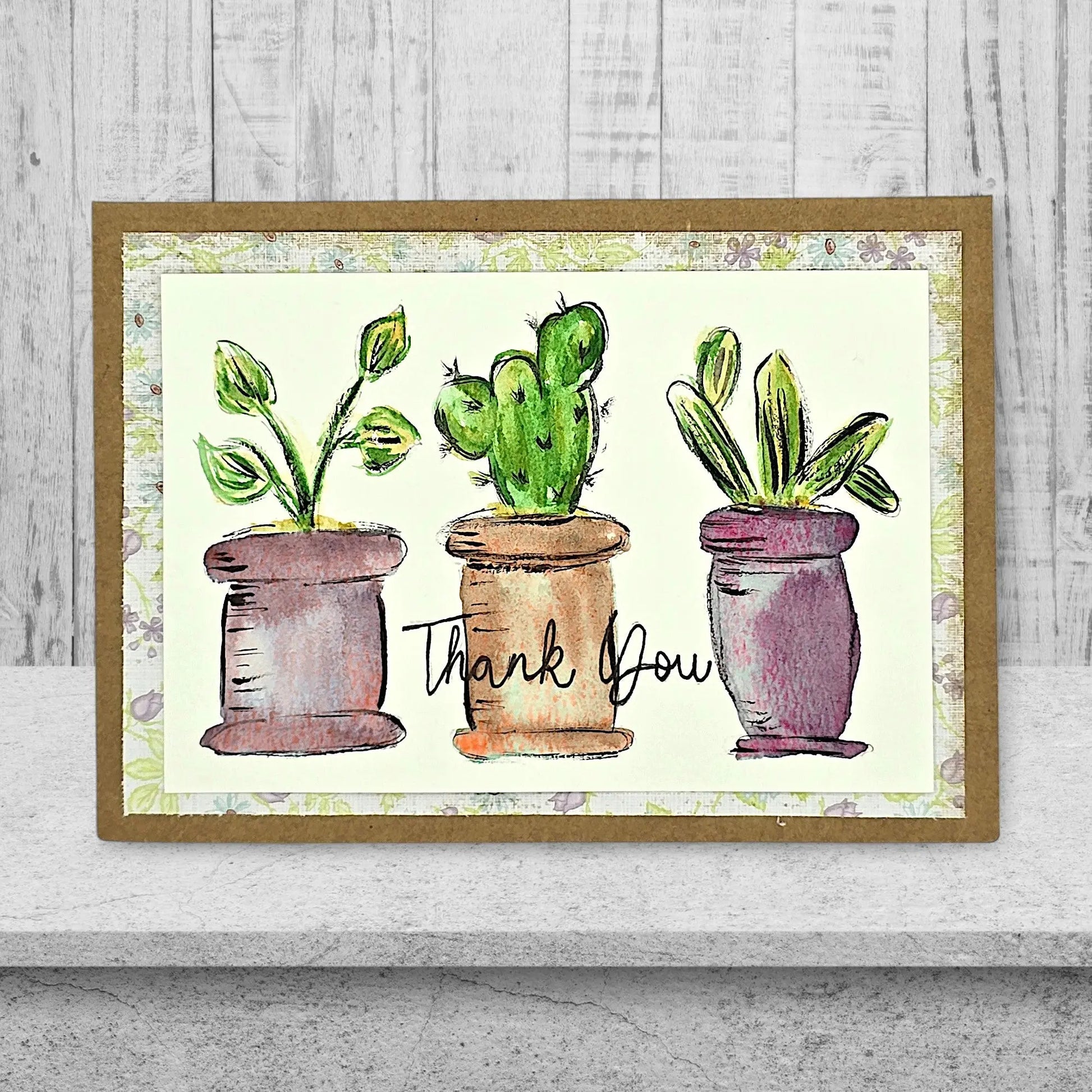 THANK YOU CARD WITH 3 POTS OF CACTUS SAYING THANK YOU