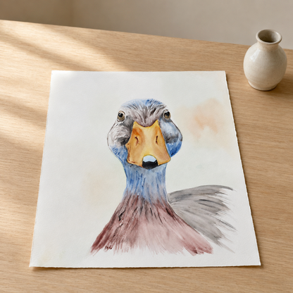 A square art print featuring a painted duck head and neck in blue, gray, yellow, and pink tones, placed on a light wood table next to a small ceramic vase.