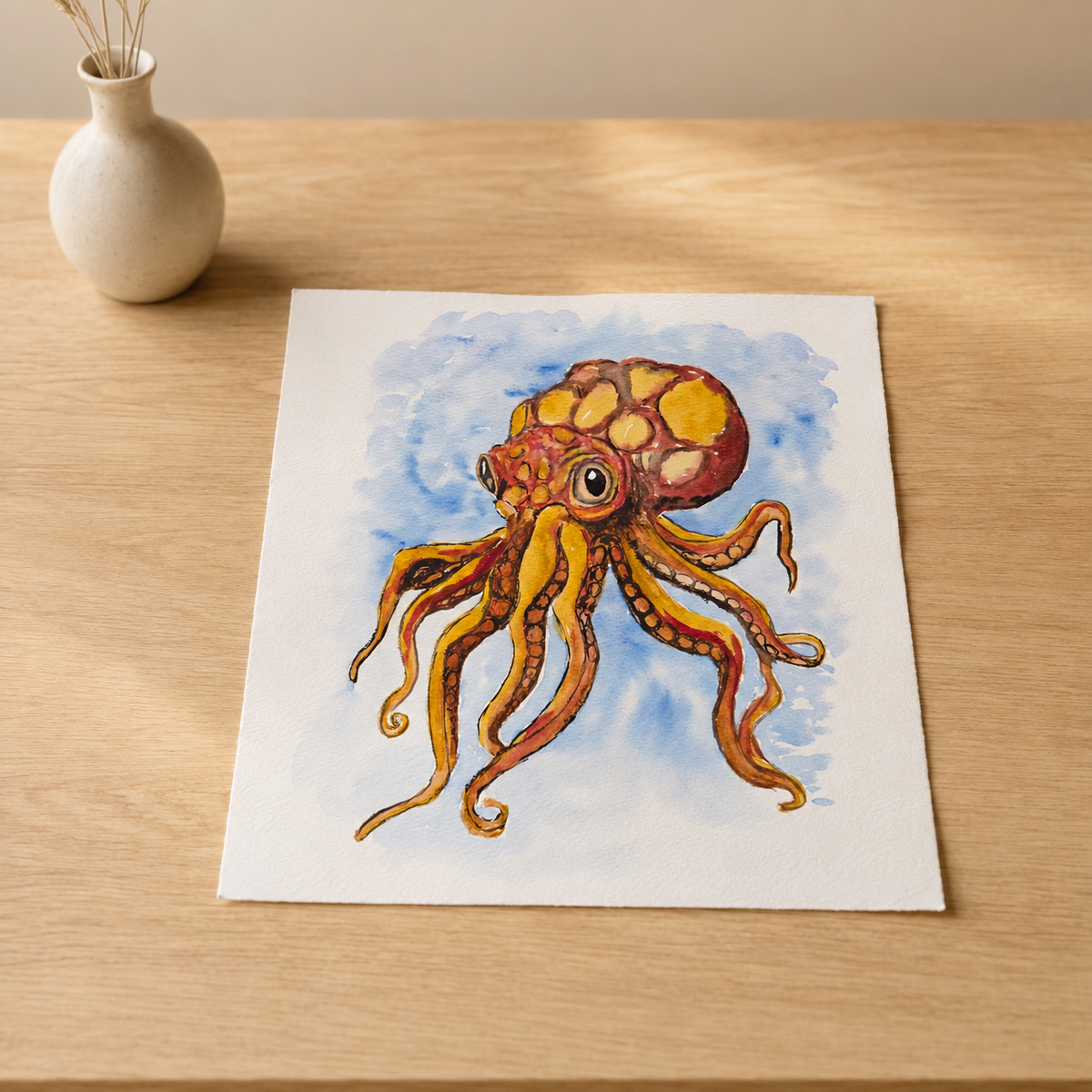 A square art print featuring a colorful watercolor illustration of an octopus on a light wood tabletop, with a small white vase in the background.