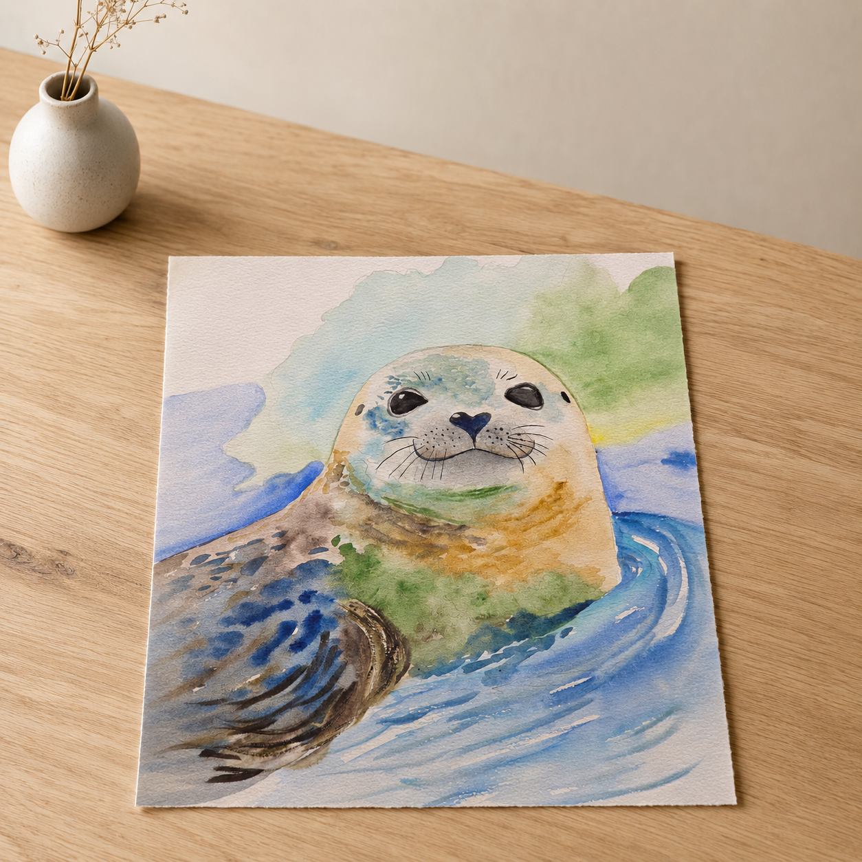 A square watercolor painting of a seal pup in blue water with green and yellow highlights, displayed on a light wood tabletop next to a small white vase with dried stems.