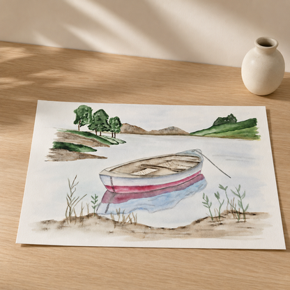 A watercolor art print depicting a small rowboat on a lake with green trees and hills in the background, displayed on a light wooden tabletop next to a small white ceramic vase.