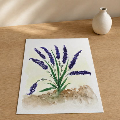 A square art print featuring a watercolor painting of purple lavender flowers with green stems and leaves, displayed on a light wooden table next to a small white ceramic vase.
