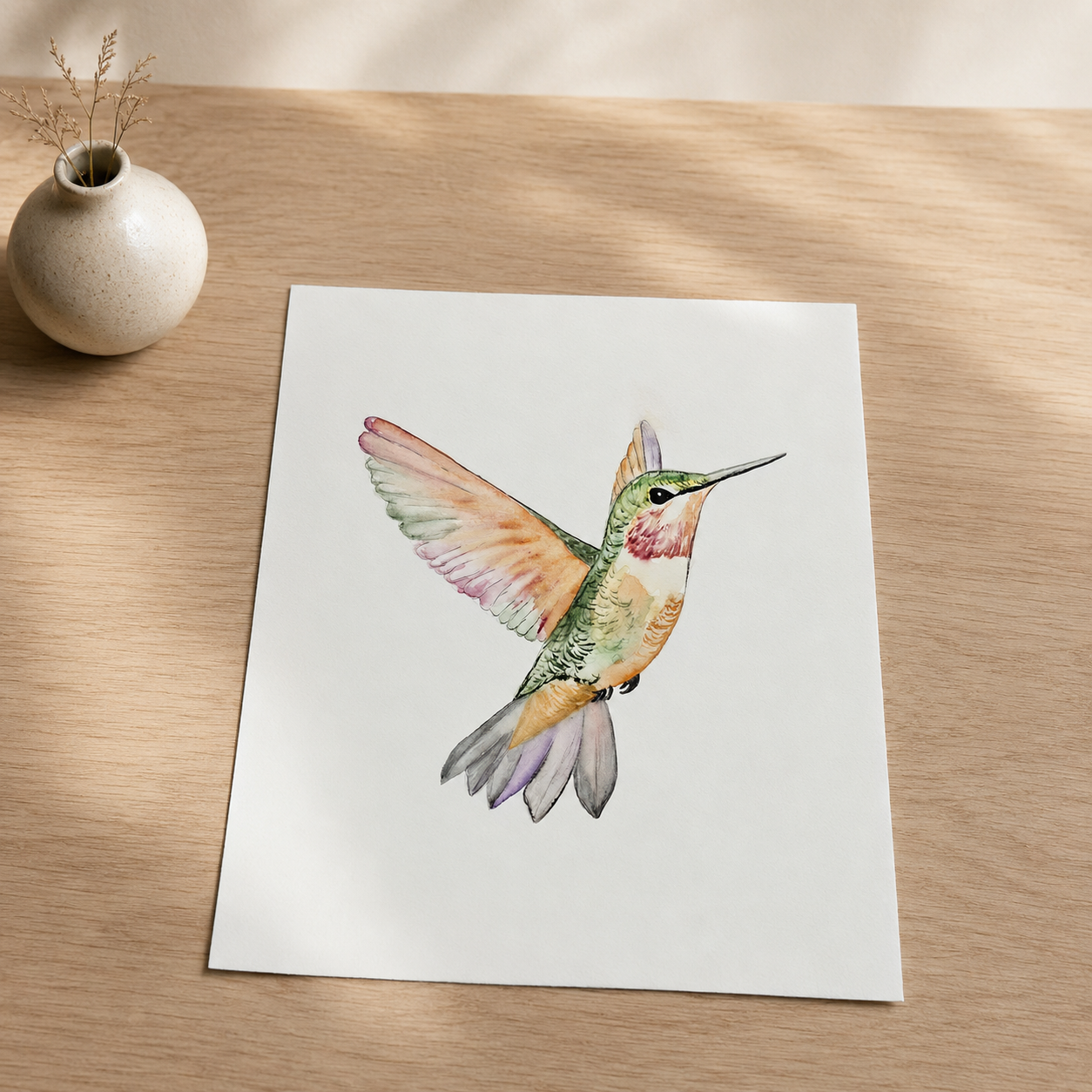 A square art print featuring a watercolor illustration of a hummingbird in flight, placed on a light wood tabletop next to a small white vase with dried stems.