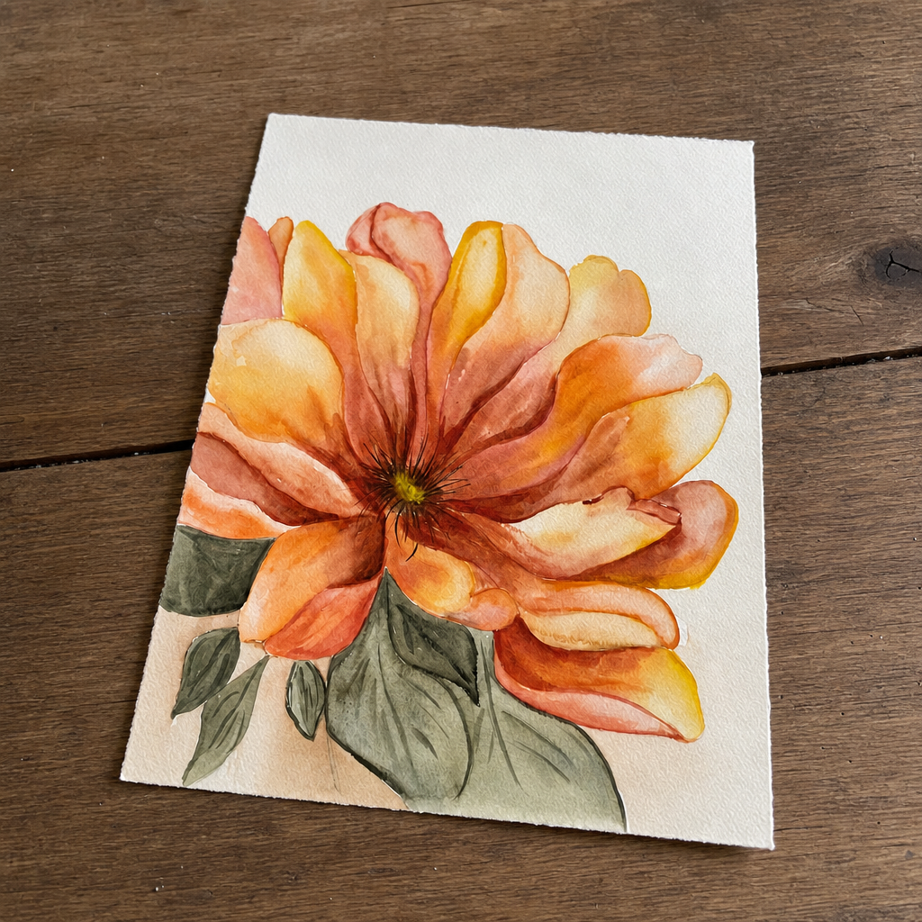 A square watercolor painting of a large orange and yellow flower with green leaves on textured white paper, placed on a dark brown wooden surface.