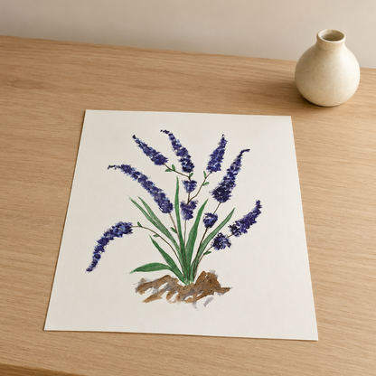 A square art print featuring a watercolor illustration of purple lavender flowers with green leaves and brown stems, displayed on a light wood tabletop next to a small cream-colored ceramic vase.