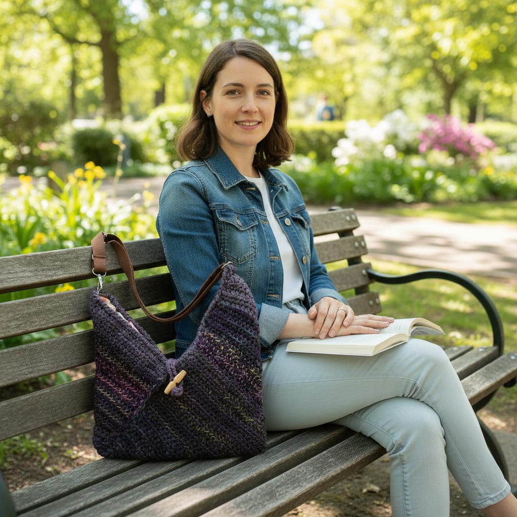Woman Sitting on a park bench with V Shape Bag
