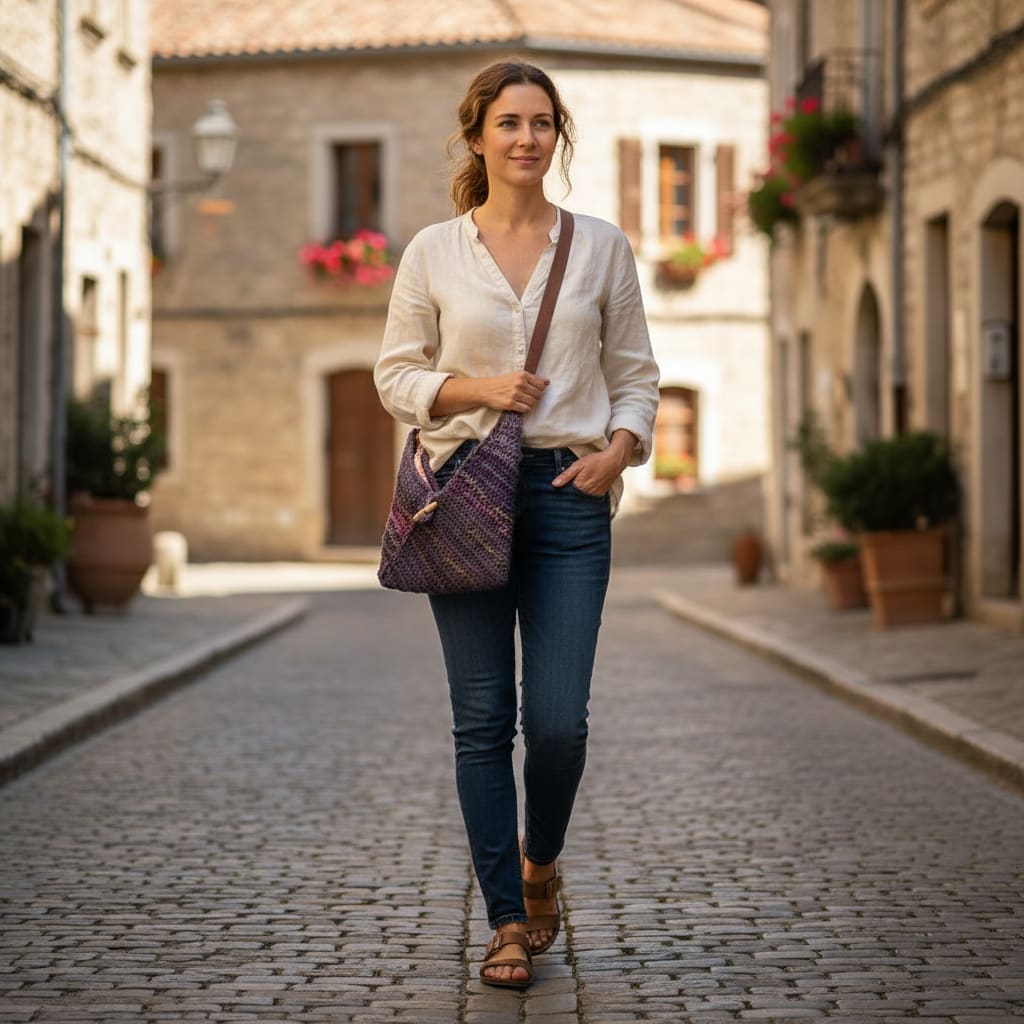 Woman Walking with a V Shape Bag