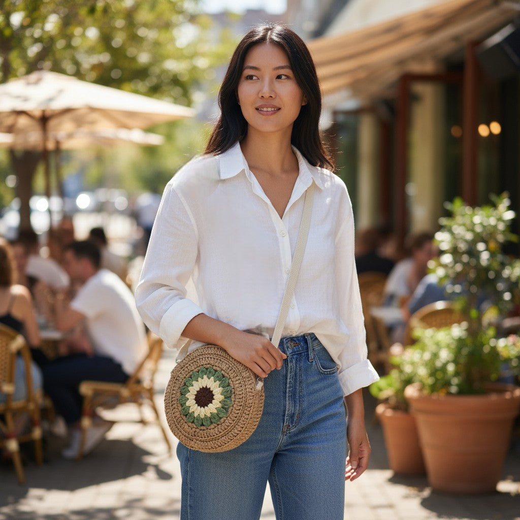 Woman in a white shirt and blue jeans holding a boho crochet bag outdoors.