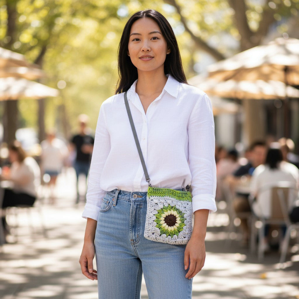 Woman wearing a white shirt and blue jeans with a green and white boho crochet bag in an outdoor setting.